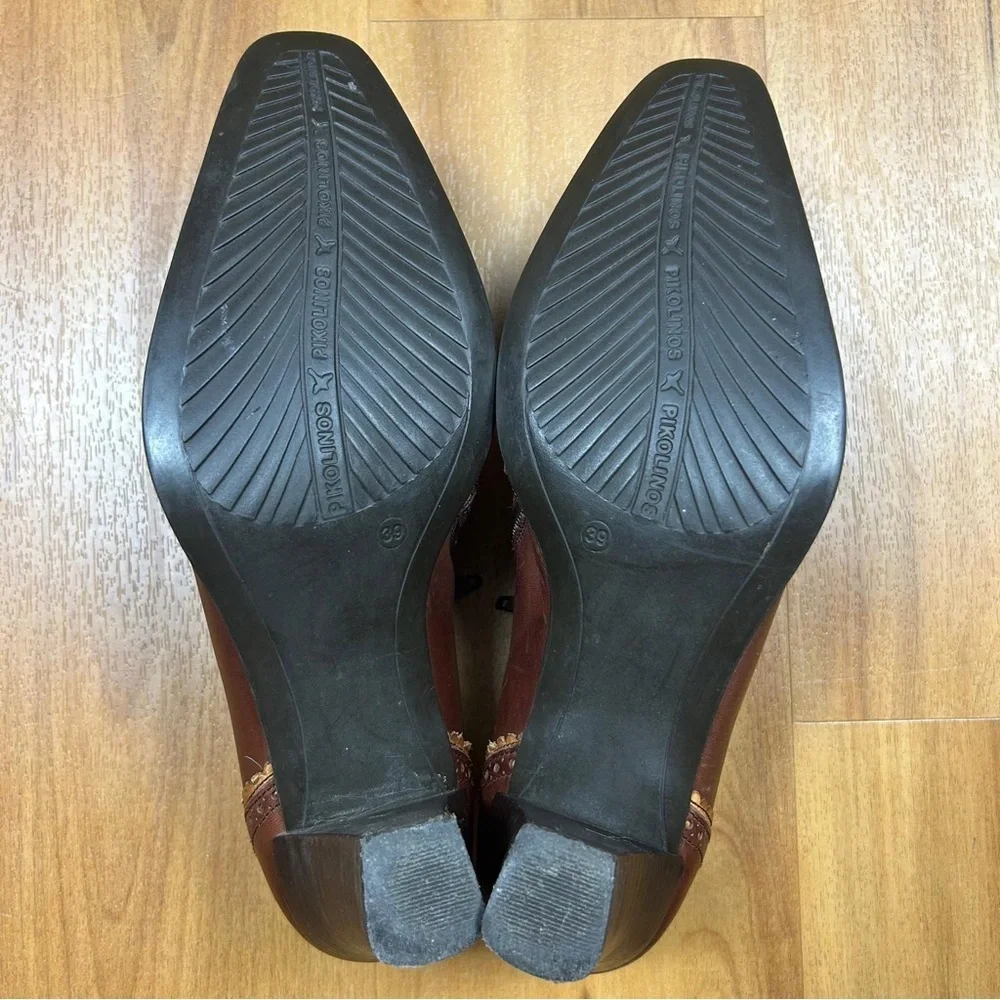 Pikolinos Women Brown Leather Heel Bootie‎ Zip Sz 39 Spanish Made Block Heel